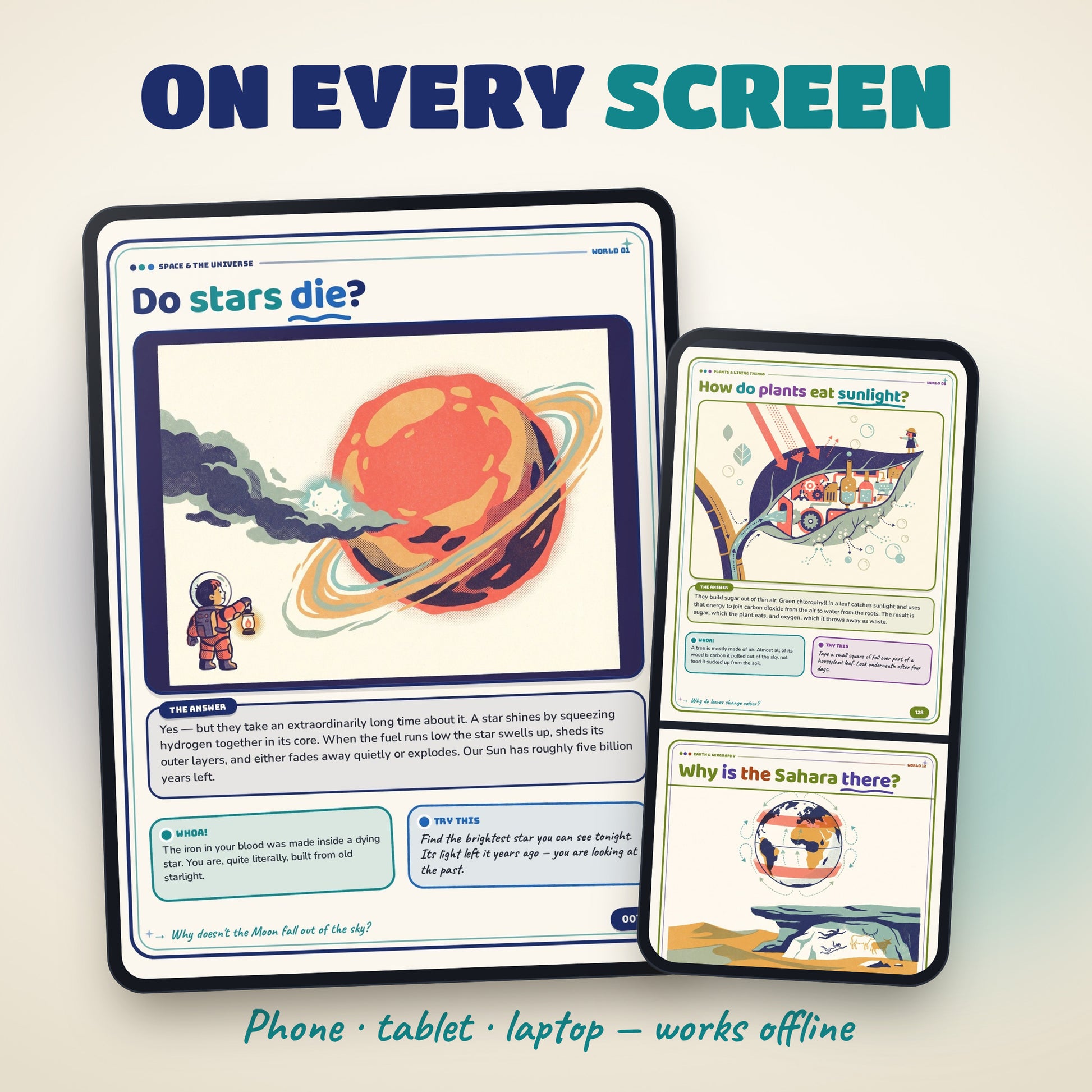 03: The Big Because kids encyclopedia on tablet and phone screens