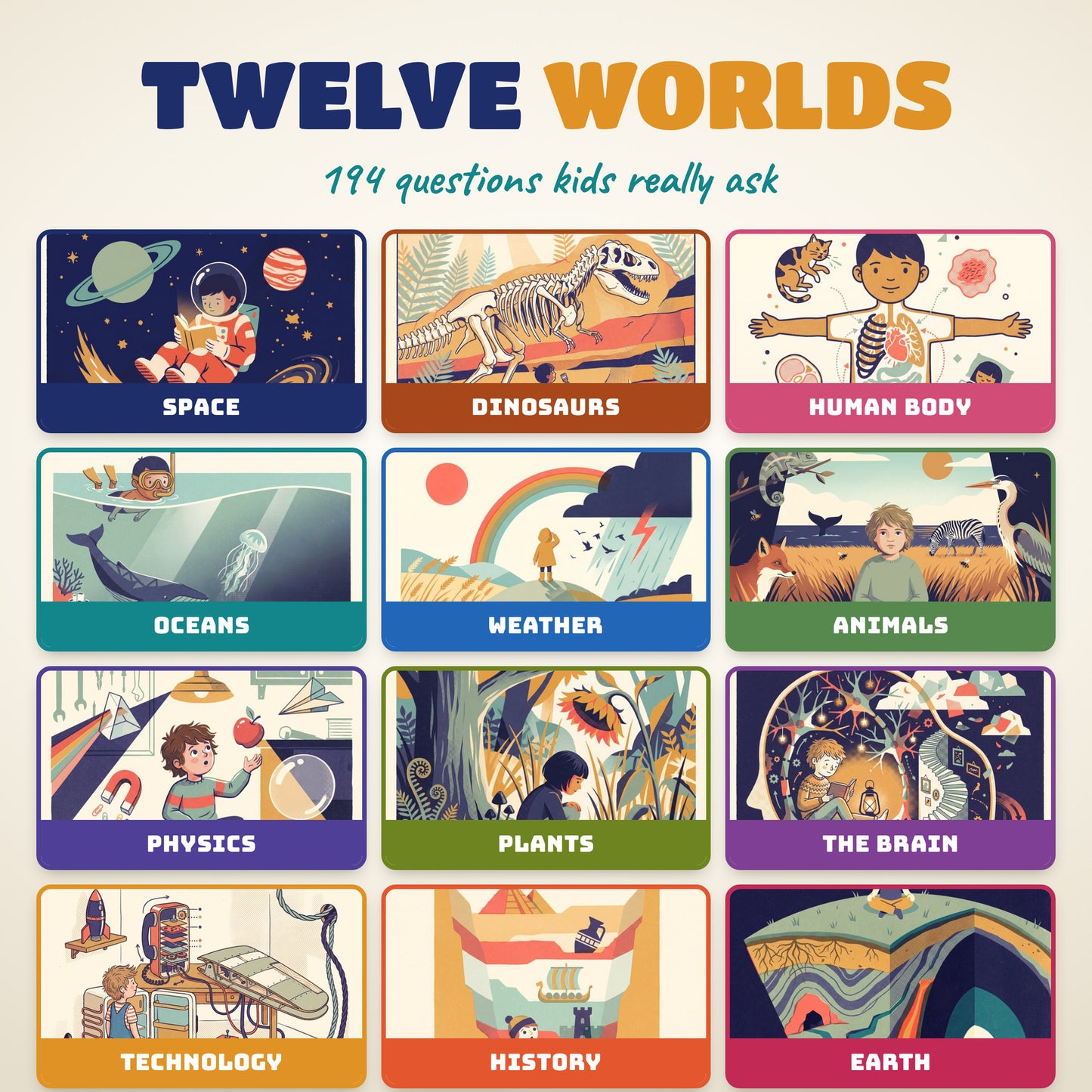 04: The twelve illustrated worlds inside The Big Because kids encyclopedia