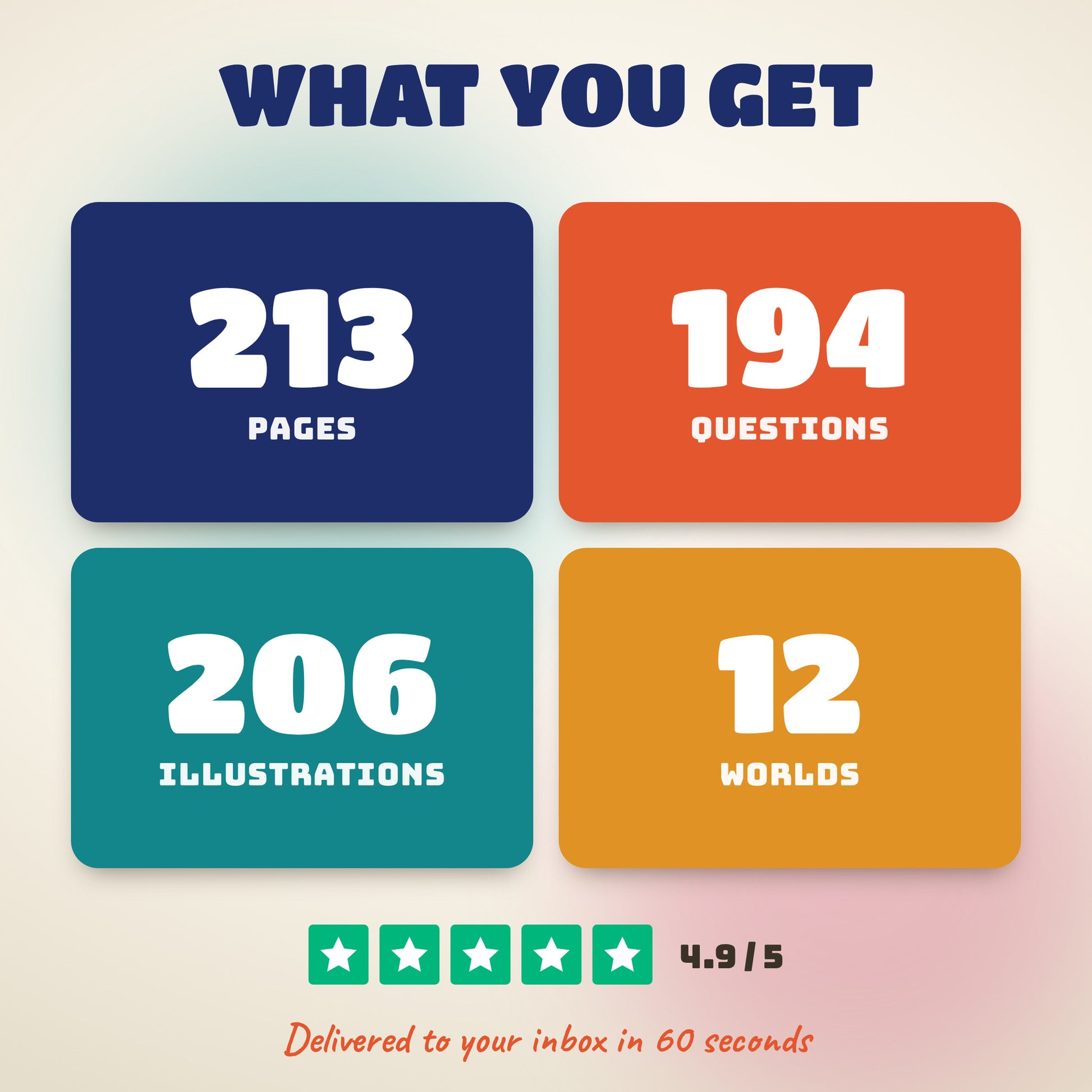 06: What you get: 213 pages, 194 questions, 206 illustrations, 12 worlds